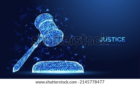 Judge gavel and soundboard. Justice concept. Abstract low polygonal 3D Judge hammer. Judicial ceremonial gavel of the chairman, for passing sentences and bills, court, auction. Vector illustration.