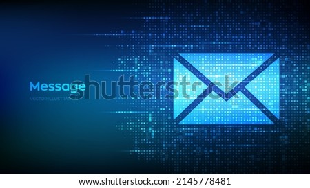 Message icon made with binary code. Email. Mail Communication. Online chat. Global networking. Digital binary data and streaming digital code. Matrix background with digits 1.0. Vector Illustration.
