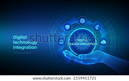 Digital transformation. Concept of digitization of business processes and modern technology in wireframe hand. Disruption, innovation solutions. Vector illustration.