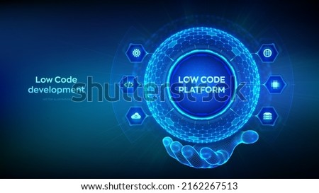 Low code platform. Low code development technology concept. LCDP easy coding. Hexagonal grid sphere in wireframe hand on blue background. Vector illustration.