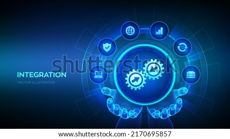 Integration data system. System Integration technology concept in wireframe hands. Industrial and smart technology. Business and automation solutions. Vector illustration.