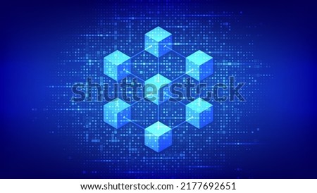 Blockchain technology background made with binary code. Information blocks in cyberspace. Decentralized network. Fintech cryptocurrency. Matrix background with digits 1.0. Vector illustration.