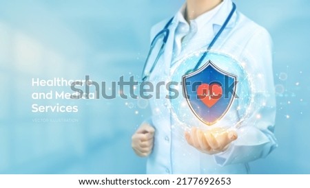 Healthcare, Medical services, life, family insurance concept. Doctor holding in hand protection shield with heart icon with heartbeat line. Virus protection. Health care, Medicine. Vector illustration