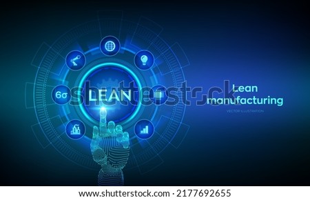 Lean. Six sigma smart industry, quality control, standardization. Lean manufacturing DMAIC. Business and industrial process optimisation. Robotic hand touching digital interface. Vector illustration.