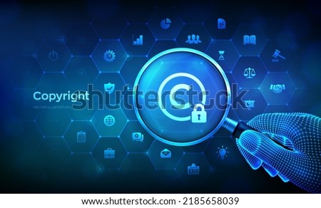Copyright. Patents and intellectual property protection law and rights. Protect business ideas and headhunter concept with magnifier in wireframe hand and icons. Vector illustration.