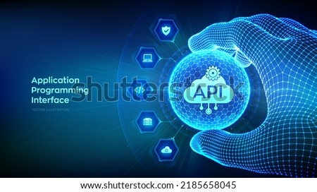 API. Application Programming Interface in the shape of sphere with hexagon pattern in wireframe hand. Software development tool, information technology and business concept. Vector illustration.