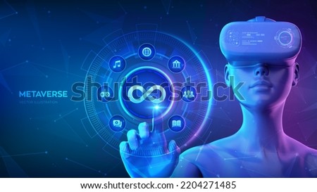 Metaverse technology. Cyberspace of metaverse. Girl wearing VR headset glasses touching digital interface. Virtual reality, Augmented reality cyber world simulation. NFT, blockchain concept. Vector.