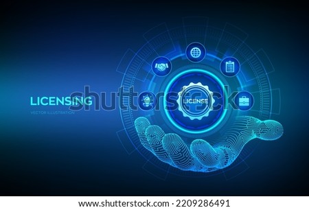 Licensing icon in robotic hand. License agreement. Copyright protection law license property rights. Business technology concept. Vector illustration.