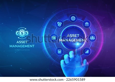 Asset management. Business investment banking payment technology concept on virutal screen. Hand touching digital interface. Vector illustration.