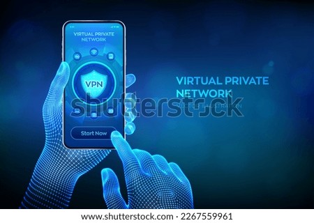 VPN. Virtual private network. Data encryption, IP substitute. Secure VPN connection concept. Cyber security and privacy. Closeup smartphone in wireframe hands. Vector illustration.