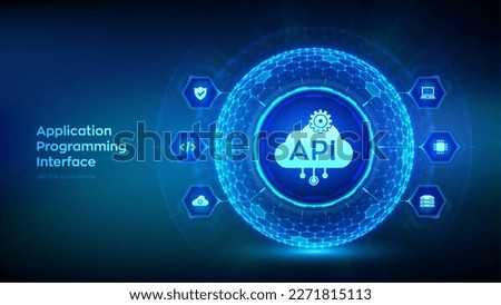 API. Application Programming Interface in the shape of sphere with hexagon grid pattern. Software development tool, cloud computing, information technology and business concept. Vector illustration.