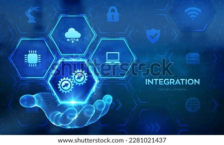 Integration data system. System Integration technology concept in wireframe hand. Industrial and smart technology. Business and automation solutions. Vector illustration.