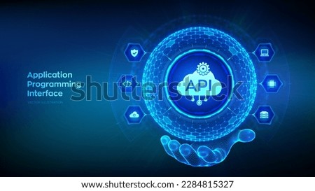 API. Application Programming Interface in the shape of sphere with hexagon grid pattern in wireframe hand. Software development tool, cloud computing technology concept. Vector illustration.