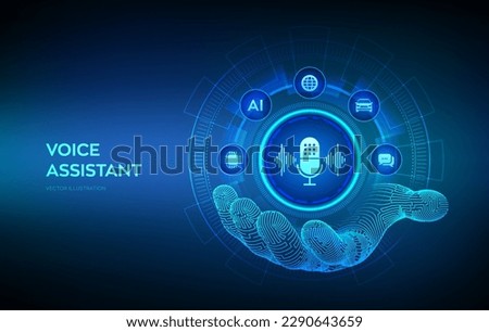 Voice assistant icon in robotic hand. Personal assistant and voice recognition technology concept on virutal screen. Microphone button with voice and sound imitation lines. Vector illustration.