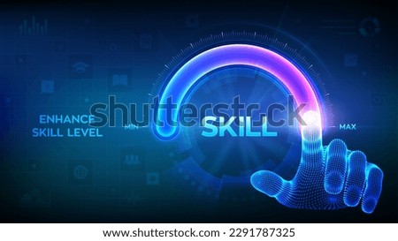 Skill levels growth. Increasing Skills Level. Wireframe hand is pulling up to the maximum position circle progress bar with the word Skill. Concept of professional or educational knowledge. Vector.