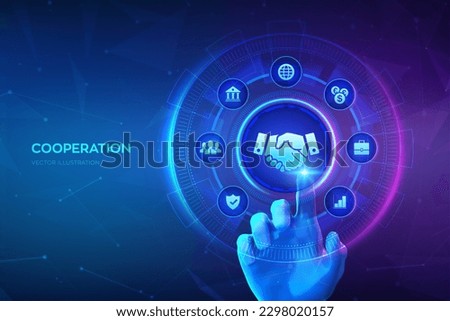 Cooperation, Partnership technology concept on virtual screen. Business partnership. Global cooperation network. Internet communication. Teamwork. Hand touching digital interface. Vector illustration.