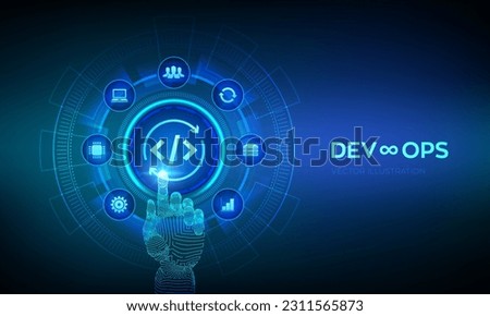 Devops. Agile development and optimisation concept on virtual screen. Software engineering. Software development practices methodology. Robotic hand touching digital interface. Vector illustration.