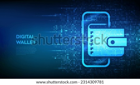 Digital wallet. Wallet in smartphone icon made with currency symbols. Mobile banking, e-commerce finance banner. Dollar, euro, yen and pound icons. Background with currency signs. Vector illustration.