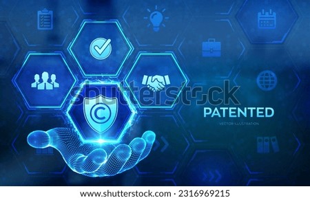 Patented. Patent Copyright Law. Copyright icon in wireframe hand. Author rights, patented intellectual property business technology concept on virtual screen. Vector illustration.