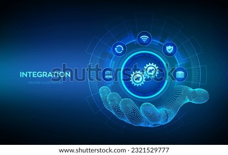 Integration data system. System Integration technology concept in robotic hand. Industrial and smart technology. Business and automation solutions. Vector illustration.