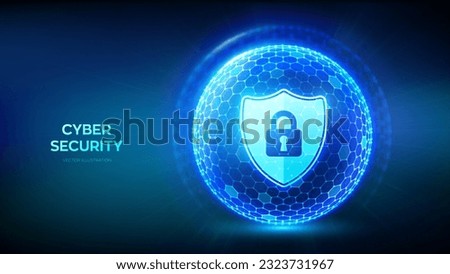 Cyber security. Information protect and or safe concept. Abstract 3D sphere or globe with surface of hexagons with icon illustrates cyber data security or network security idea. Vector illustration.