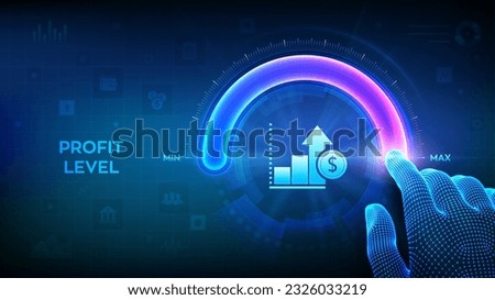 Increasing Profit Level. Wireframe hand is pulling up to the maximum position circle progress bar with the profit icon. Finance concept of profitability or return on investment. Vector illustration.