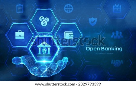 Open banking in wireframe hand. Banking service. API financial technology. Fintech business technology concept on virtual screen. Vector illustration.
