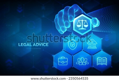 Labor law, Lawyer, Attorney at law, Legal advice concept. Internet law services and cyberlaw. Wireframe hand places an element into a composition visualizing online lawyer advice. Vector illustration.
