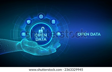 Open data database icon in robotic hand. Digital file storage system software. Online documentation database technology concept on virtual screen. DMS. Integration API. Vector illustration.