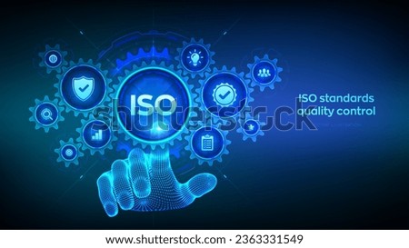 ISO standards quality control, assurance warranty business technology concept on virtual screen. Wireframe hand touching digital interface with connected gears cogs and icons. Vector illustration.