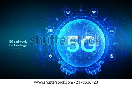 5G network wireless systems and internet of things technology concept. Smart city communication network. 5G wireless mobile internet wifi connection. Earth planet globe in hands Vector Illustration.