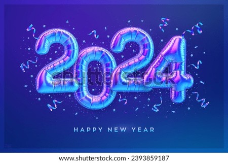 Happy New Year 2024. Colorful foil balloon numbers on blue background. High detailed 3D iridescent foil helium balloons. Merry Christmas and Happy New Year 2024 greeting card. Vector illustration.