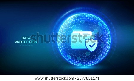 Data protection. Personal data security. Abstract 3D sphere or globe with surface of hexagons with Protected folder icon illustrates Cyber security. Internet privacy and safety. Vector illustration.