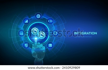 Integration data system. System Integration concept on virtual screen. Industrial smart technology. Business automation solutions. Robotic hand touching digital interface. Vector illustration.