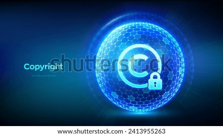 Copyright. Patents, Intellectual property protection law and rights. Abstract 3D sphere or globe with surface of hexagons with Copyright icon illustrates Protect business ideas. Vector illustration.