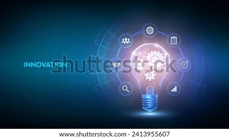 Innovation. Business innovative idea and solution technology concept. Creative Idea, inspiration. Brainstorming. Creativity. Light bulb with gears cogs inside. Creative Thinking. Vector illustration.