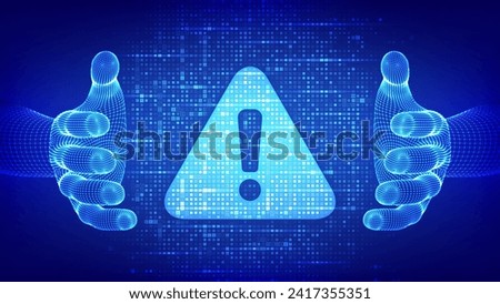 Attention symbol made with binary code in wireframe hands. Danger Sign. Virus Alert. Streaming binary code background. Computer Hacked Error Concept. Hacking Piracy Risk. Vector Illustration.