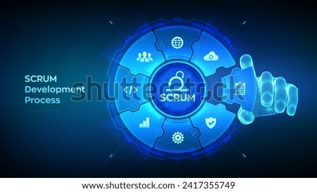 SCRUM. Agile development methodology process. Iterative sprint methodology. Programming and application design concept. Wireframe hand places an element into a composition visualizing SCRUM. Vector.