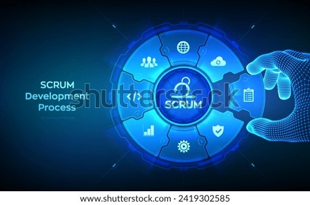 SCRUM. Agile development methodology process. Iterative sprint methodology. Programming and application design concept. Wireframe hand places an element into a composition visualizing SCRUM. Vector.