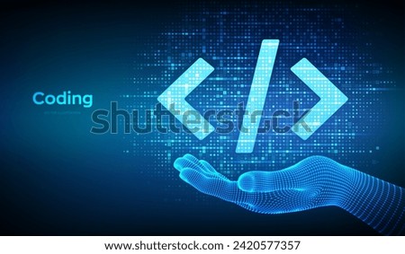 Programming code. Coding or Hacker sign. Programming code icon made with binary code in wireframe hand. Digital binary data and digital code. Matrix background with digits 1.0. Vector Illustration.