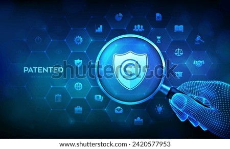 Patented. Patent Copyright Law. Author rights, patented intellectual property business technology concept concept with magnifier in wireframe hand and icons. Vector illustration.