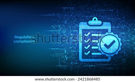 Regulation Compliance icon made with binary code. Reg Tech financial control background. Compliance rules. Law regulation policy. Digital code matrix background with digits 1.0. Vector Illustration.