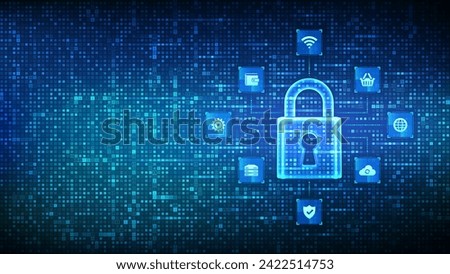 Cyber security. Data Protection. Internet network security technology concept. Padlock. Lock icon. Cybersecurity icons connections. Digital binary code background with digits 1.0. Vector Illustration.