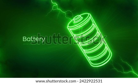 Battery icon with electrical energy glow effect. Green Energy. Charging point station. Rechargeable accumulator. Battery power supply background. Electric discharge effects. Vector illustration.