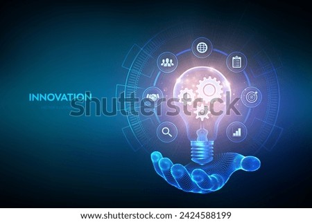 Innovation. Business innovative idea and solution concept. Creative Idea, inspiration. Brainstorming. Creativity. Light bulb with gears cogs inside in hand. Creative Thinking. Vector illustration.