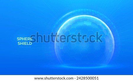 Protection sphere shield with hexagon pattern on blue background. Glass Dome shield. Glowing bubble shield in the form of a force energy field. Protection and safety concept. Vector illustration.