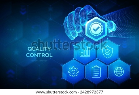 Quality control. Quality standards control assurance warranty. ISO standardization certification. Wireframe hand places an element into a composition visualizing Quality control. Vector illustration.