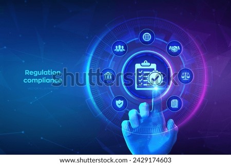 Regulation Compliance financial control internet technology concept on virtual screen. Reg Tech. Compliance rules. Law regulation policy. Hand touching digital interface. Vector illustration.