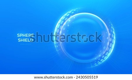 Glass transparent protection sphere shield. Sphere shield with hexagon pattern on blue background. Bubble shield in the form of a force energy field. Protection and safety concept. Vector illustration