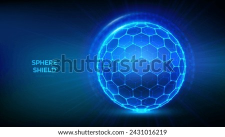 Sphere shield with hexagon pattern on blue background. Abstract protection sphere shield. Glowing bubble shield in the form of a force energy field. Protection and safety concept. Vector illustration.